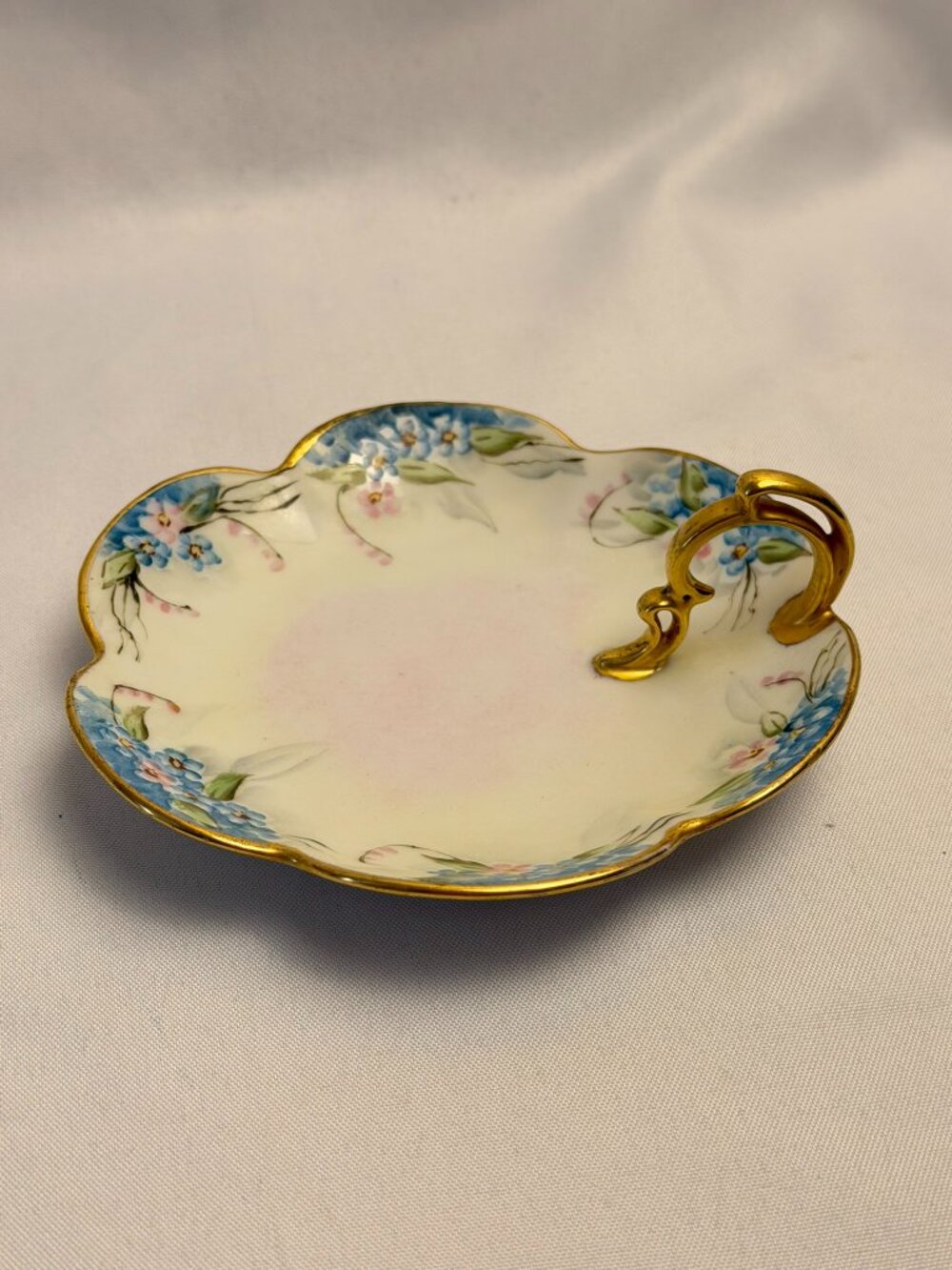 Zeh Scherzer Bavaria Vintage Porcelain Vanity Trinket Dish Gold Handle Floral 5”
